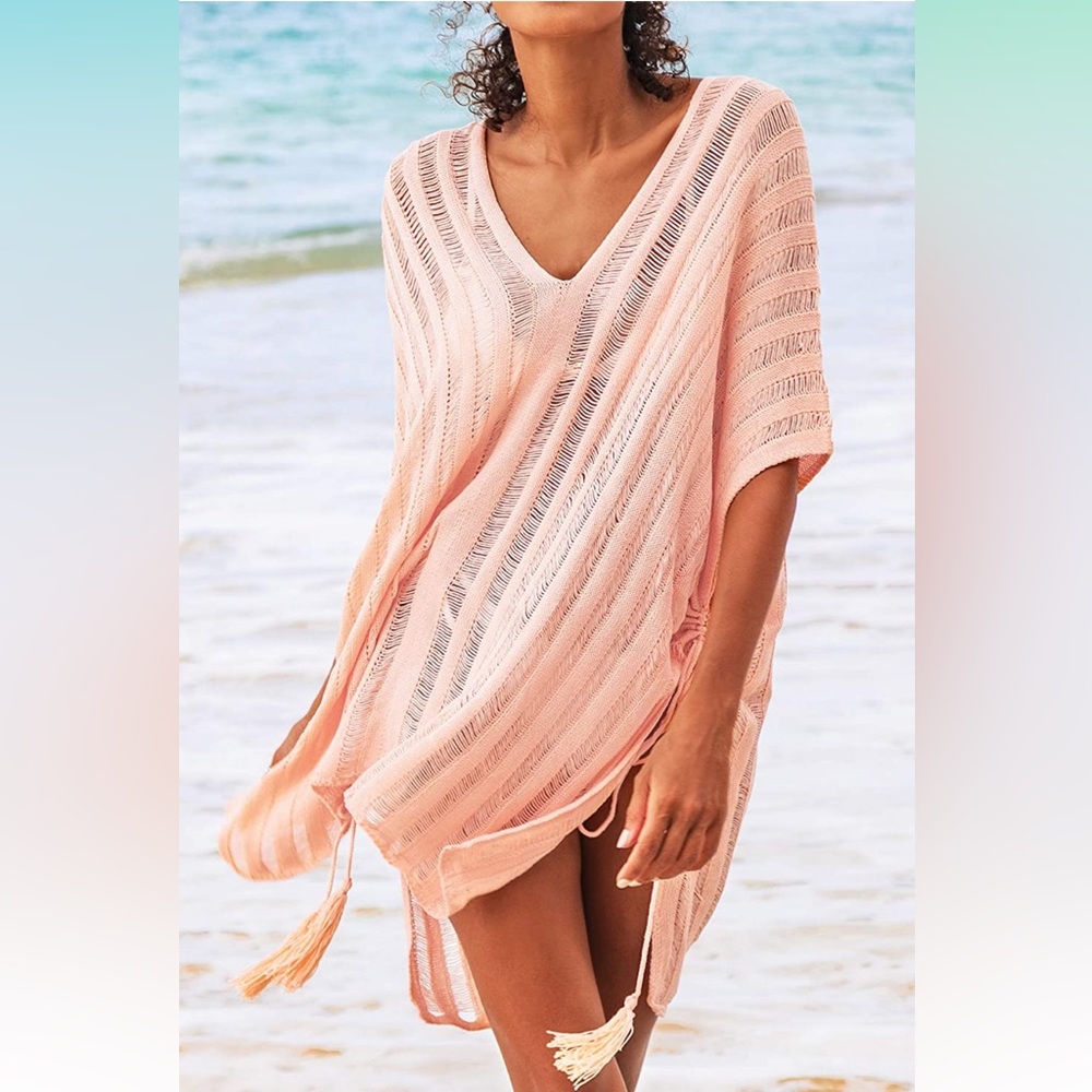 NWT ✨ CUPSHE Women's V Neck Crochet Cover Up - Pink - One size